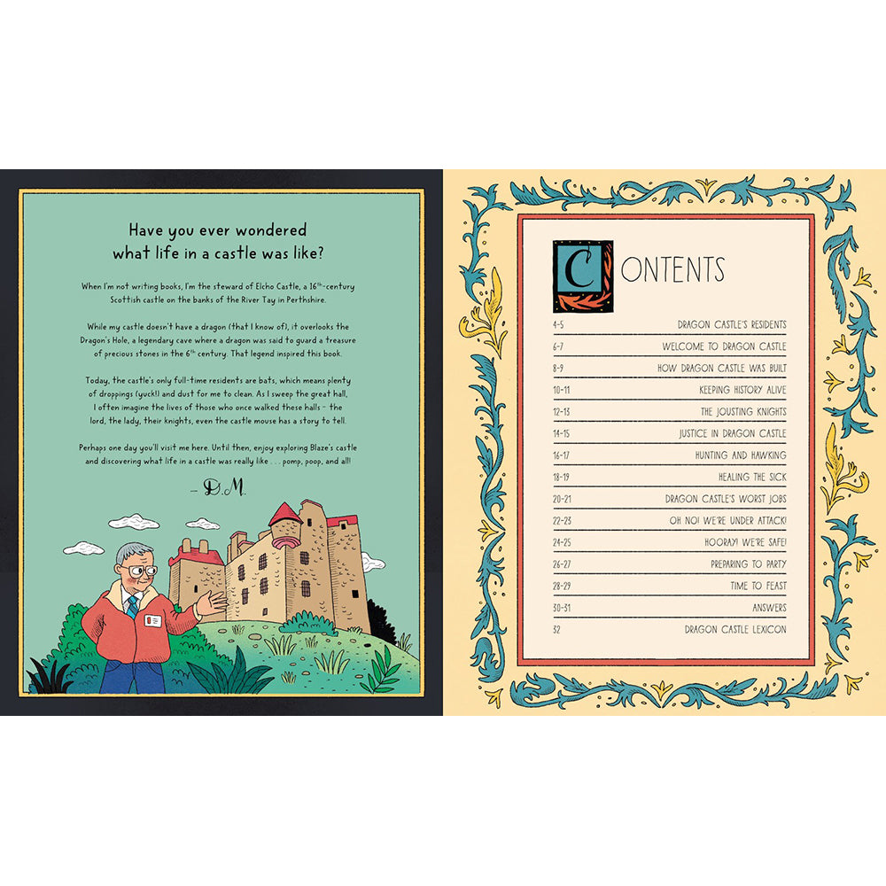 Book interior with cartoon character, castle illustration, and table of contents on a white background