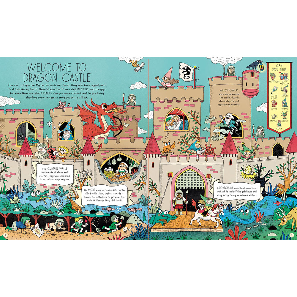 Colorful illustration of a castle with various characters and text, labeled 'Welcome to Dragon Castle'.