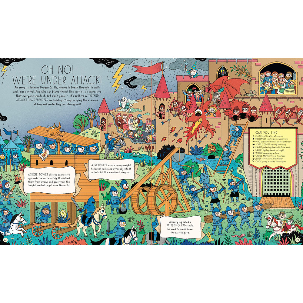 Colorful illustration of a castle scene with characters and text, likely from a children's book or comic.