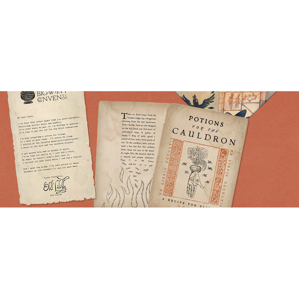A vintage-style book or booklet titled "Potions for the Cauldron" shown open on a terracotta background.