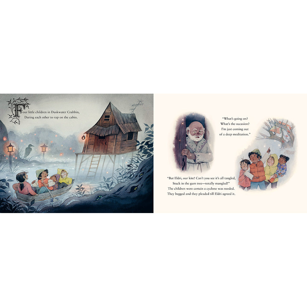 A two-page spread from a children's picture book showing illustrated scenes and printed text. The left page depicts a dark, atmospheric night scene with children gathered around a glowing cabin in the woods.