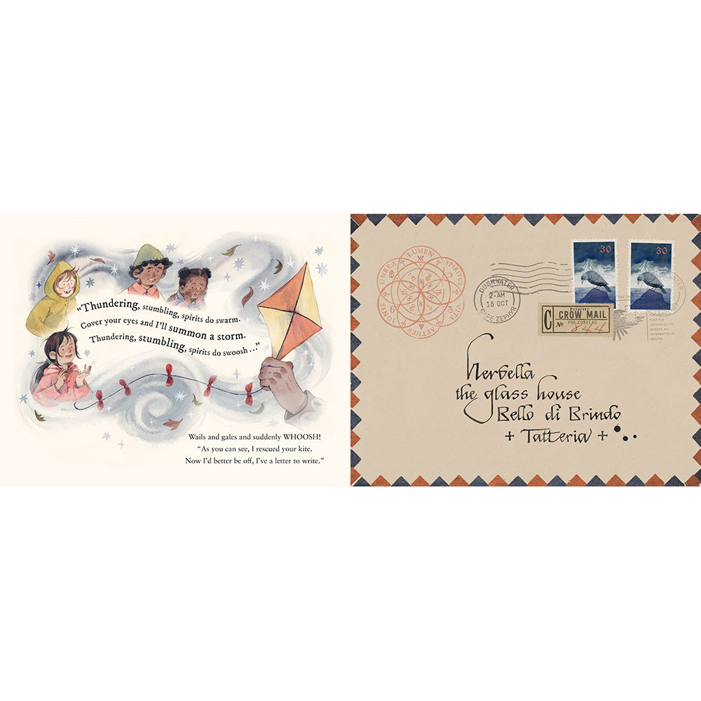 A split-view product image showing a children's book or booklet page on the left and a vintage-style postcard/envelope design on the right. The left page has a cream background with a whimsical illustration of children flying a kite in the clouds, accompanied by a poem.