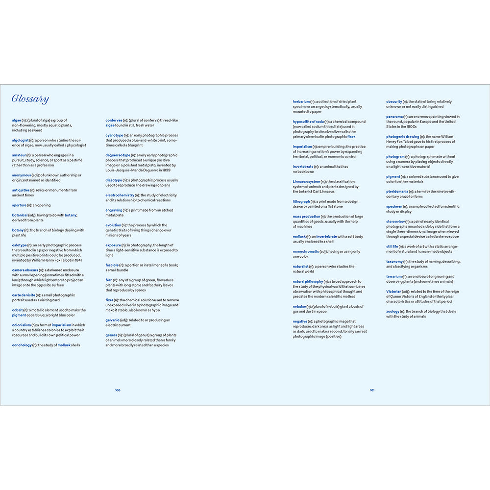 Glossary page with a list of technical terms on a light blue background