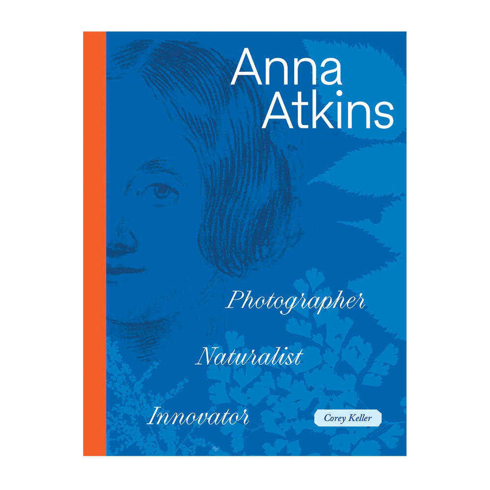 Book cover with blue background and text about Anna Atkins