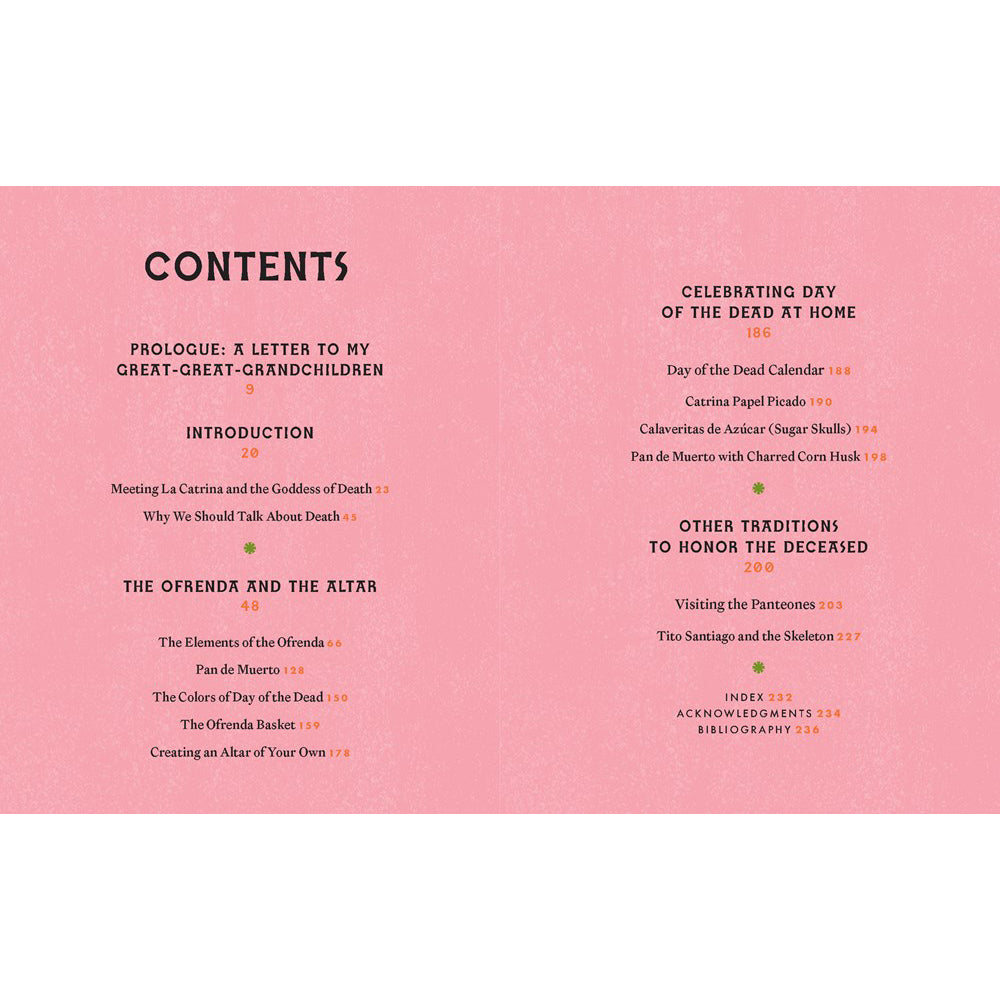 Table of contents for a book on Day of the Dead celebrations on a pink background