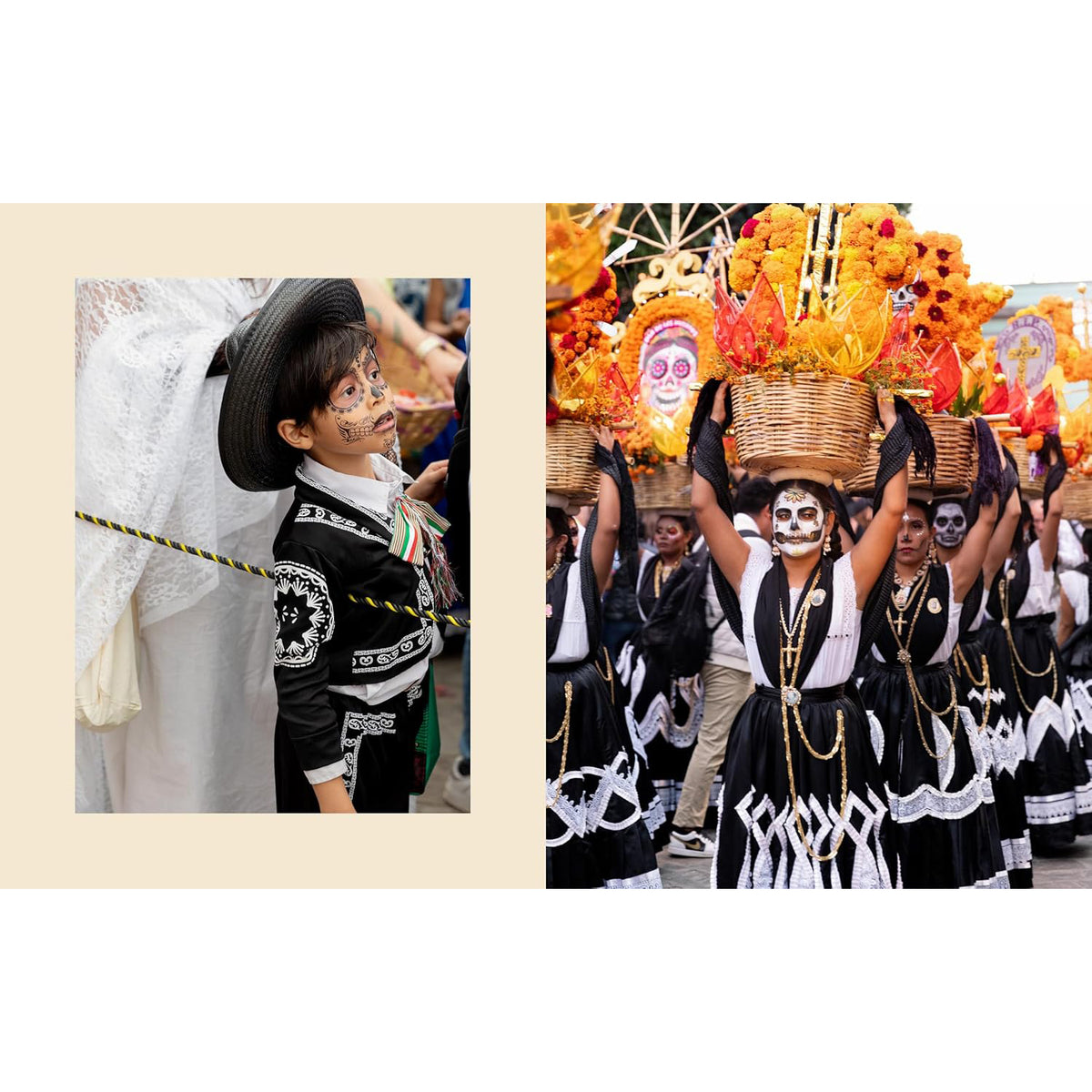 Two images: one of a child in traditional attire with a white background, and another of a group of people in traditional costumes carrying offerings.