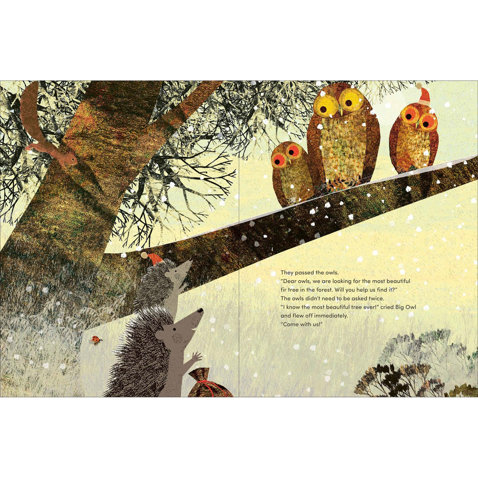 Book cover of 'Christmas: A Big Hedgehog and Little Hedgehog Adventure' by Brita Teckentrup, published by Prestel. The cover features a festive illustration of a decorated Christmas tree with glowing lights, gifts, and hedgehogs in a snowy winter scene, set against a golden-yellow background with bare tree branches at the top.