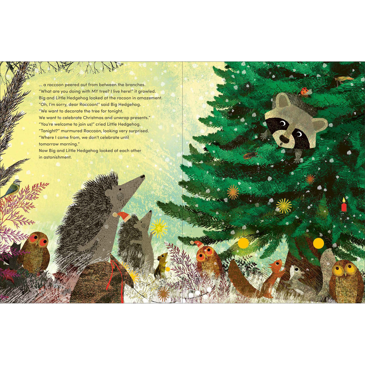 A children's book interior page with whimsical woodland illustration. The left side contains a block of text, and the right side shows a large green Christmas tree with owls, a raccoon, a hedgehog, and other forest animals around it.
