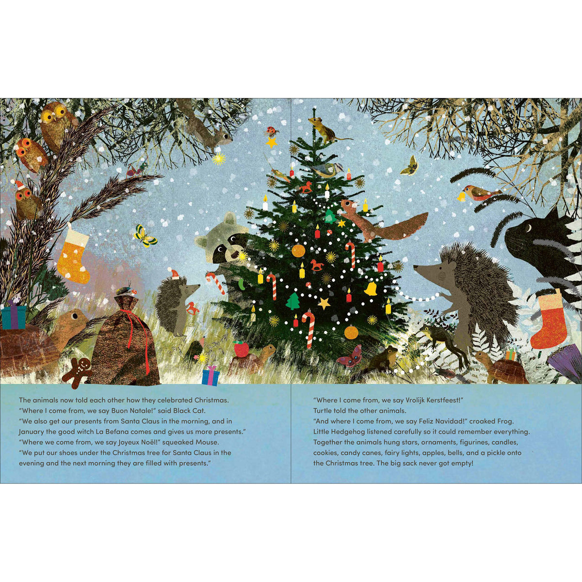 A square illustrated book or art print showing a snowy Christmas scene with a decorated tree, birds, and several animals. Two light blue text bands appear at the bottom with poems or lyrics related to the scene.