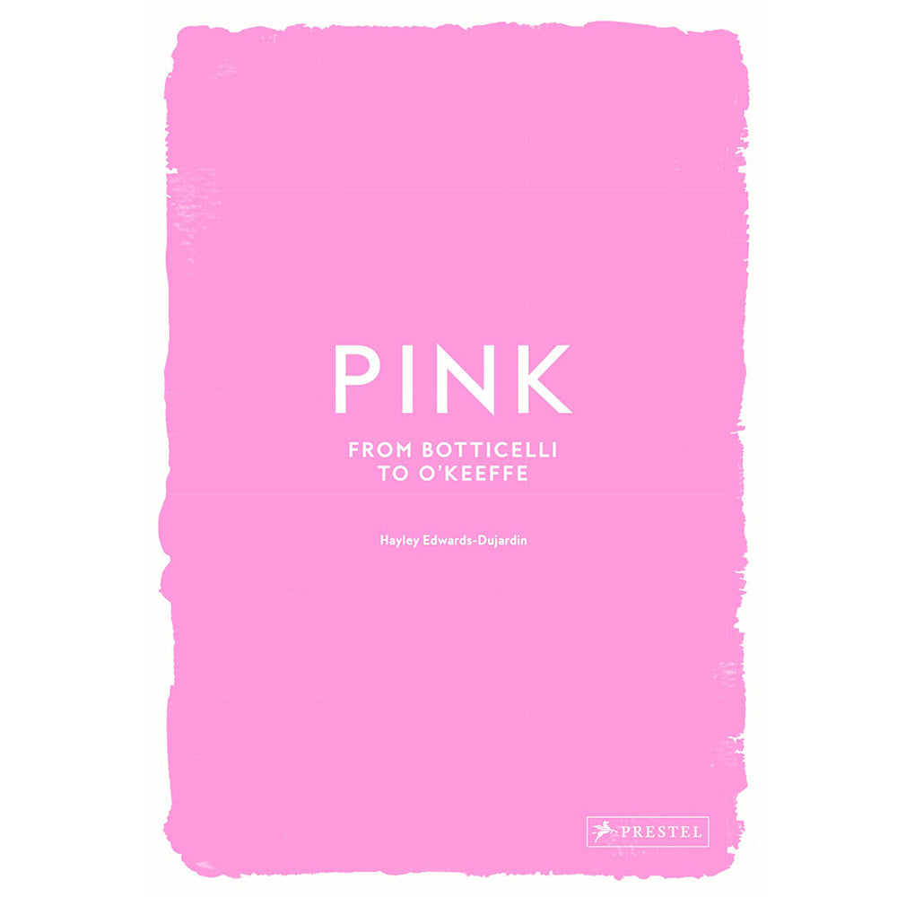 Pink book cover with 'PINK FROM BOTTICELLI TO O'KEEFE' text and Prestel logo.