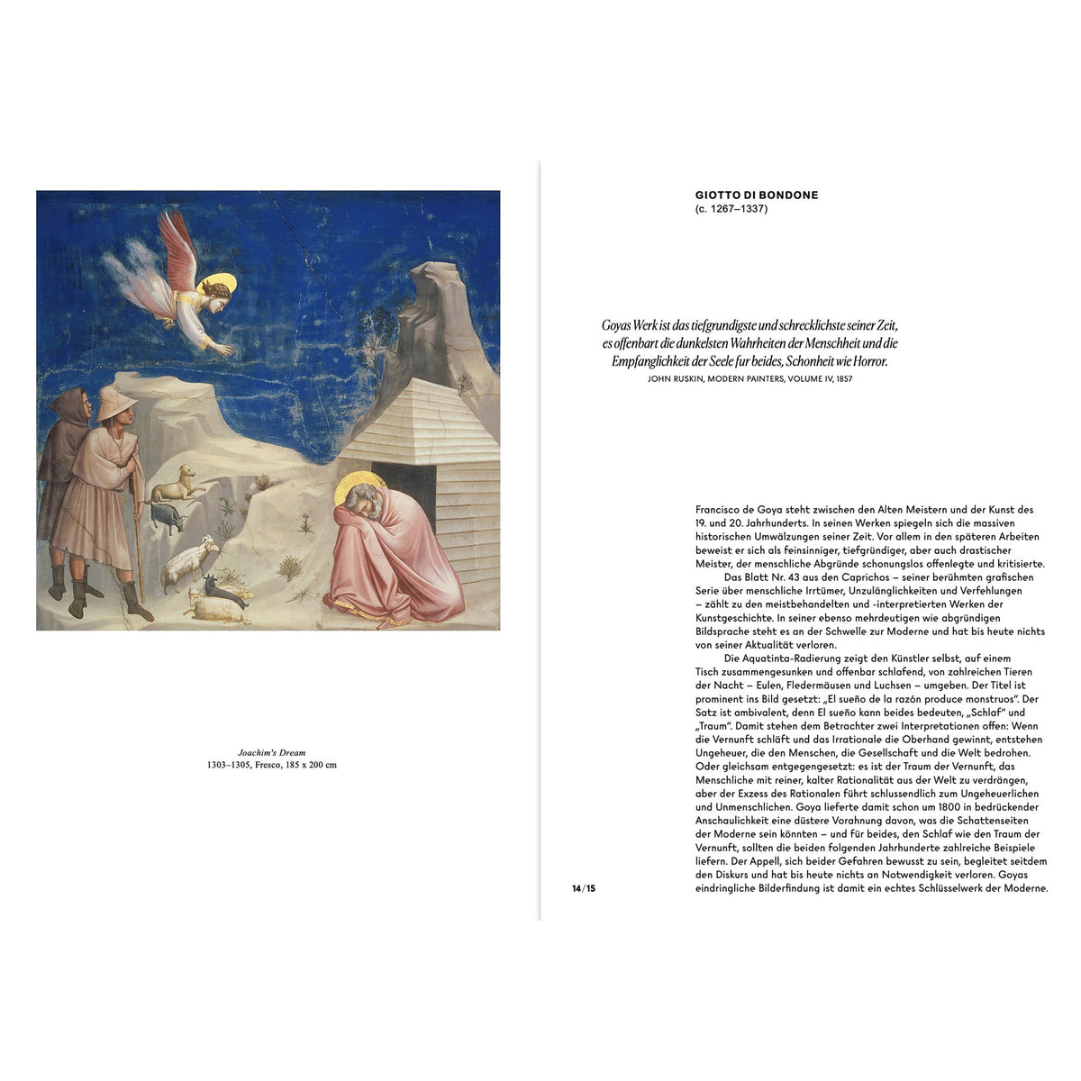 A book or magazine page featuring a reproduction of a religious painting on the left and printed text on the right, including the name Giusto di Bondone and a German caption about the painting.