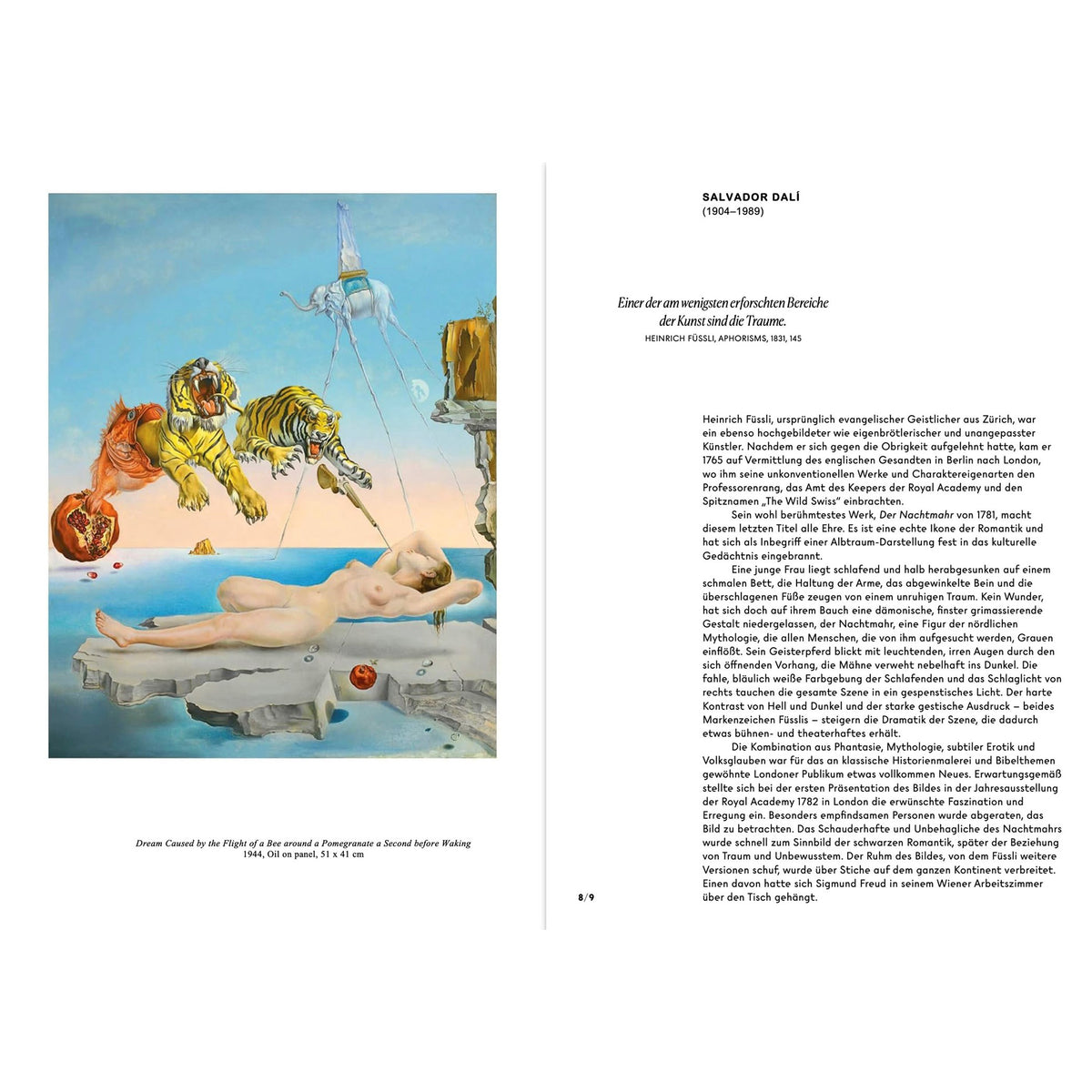 A printed page featuring a vintage-style illustration on the left and German text on the right, titled 'SALVADOR DALI (1899–1979)'. The artwork shows a surreal scene with a tiger, a rocket, and a reclining figure.