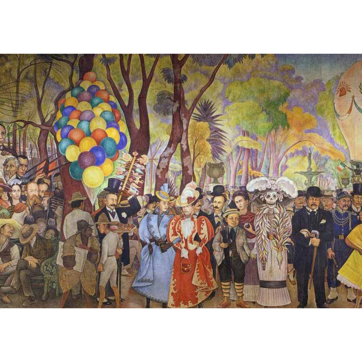 A colorful mural-style painting depicting a crowded outdoor scene with many people, trees, balloons, and a skeleton figure in ornate clothing. The artwork fills the frame, with a white border around the top and bottom.