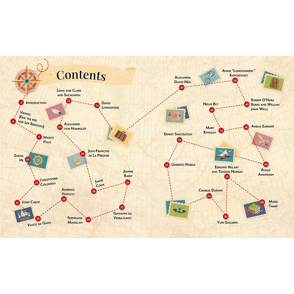 Brave Explorers children's book cover by whitestar kids, featuring a colorful border of vintage travel illustrations around a central globe with the title in large gold letters.
