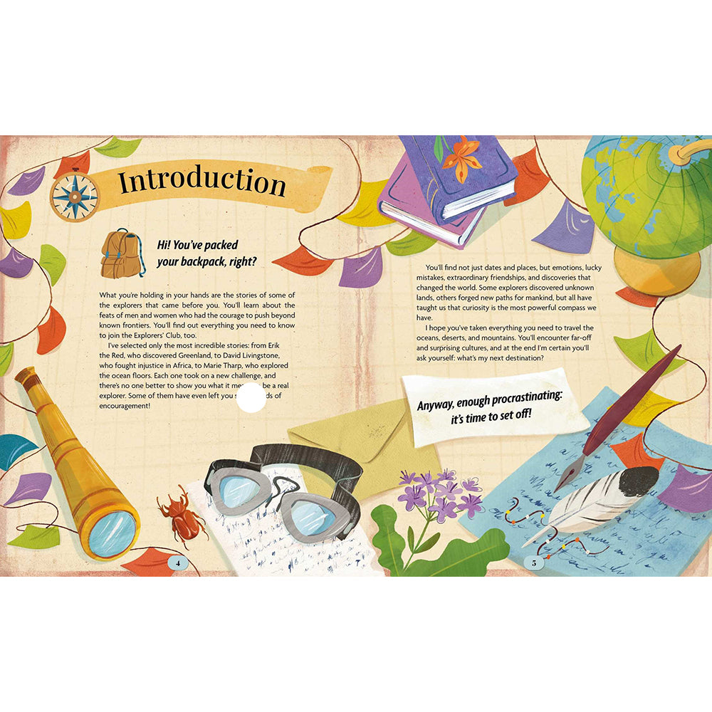 An illustrated guide page with the heading 'Introduction' and playful travel-themed drawings including a map, compass, notebook, pen, flowers, and a globe. The page is colorful and appears to be part of a printed or digital guide rather than a standalone product shot.