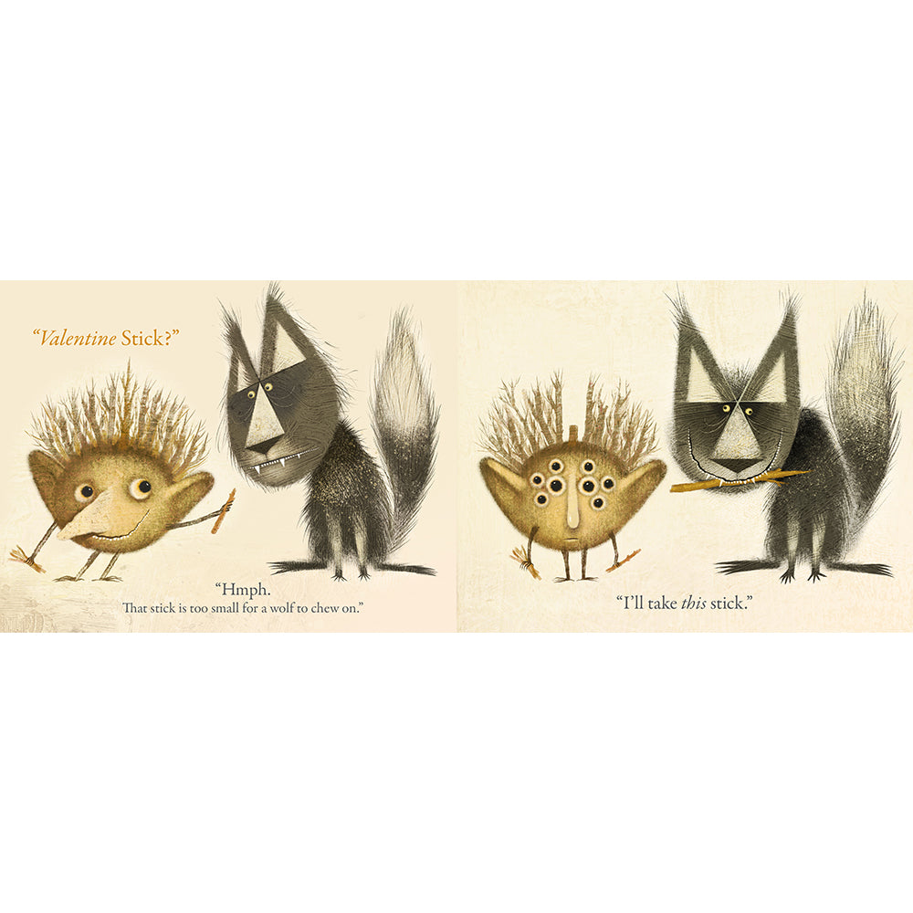 Illustration of two wolves and two sticklers with text on a beige background