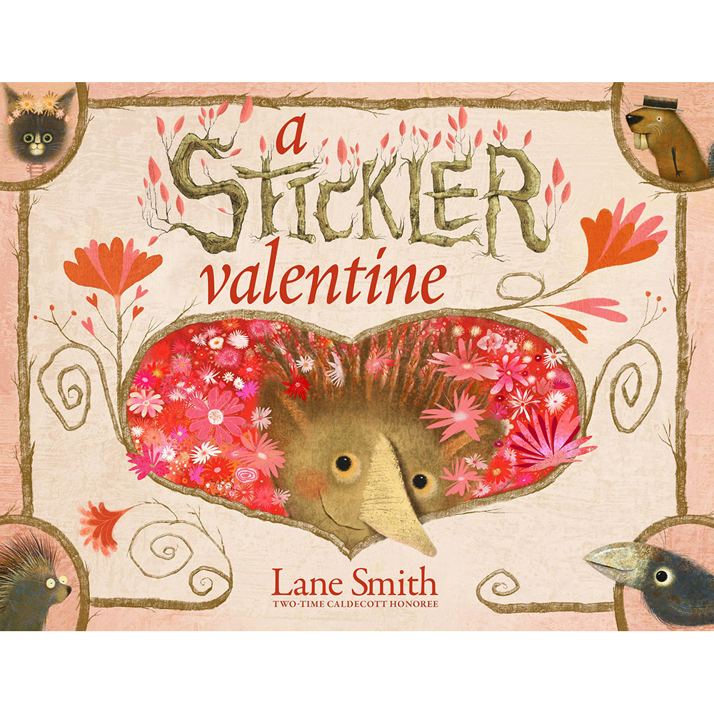 Book cover of 'A Stickler Valentine' with a heart design and animals on a pink background.