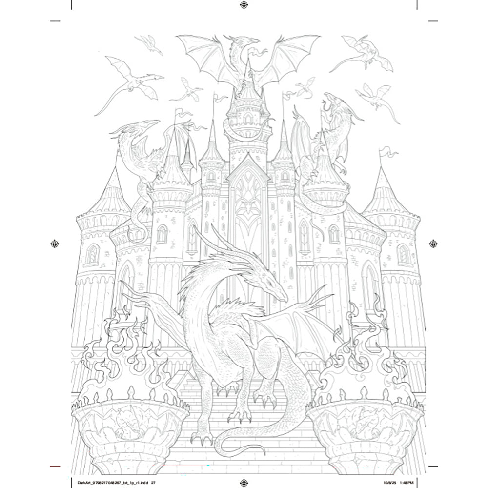 Front cover of the book 'Dark Art Dragons: A Terrifying Coloring Book' by François Gautier, featuring a highly detailed, colorful illustration of a dragon on a black starry background.
