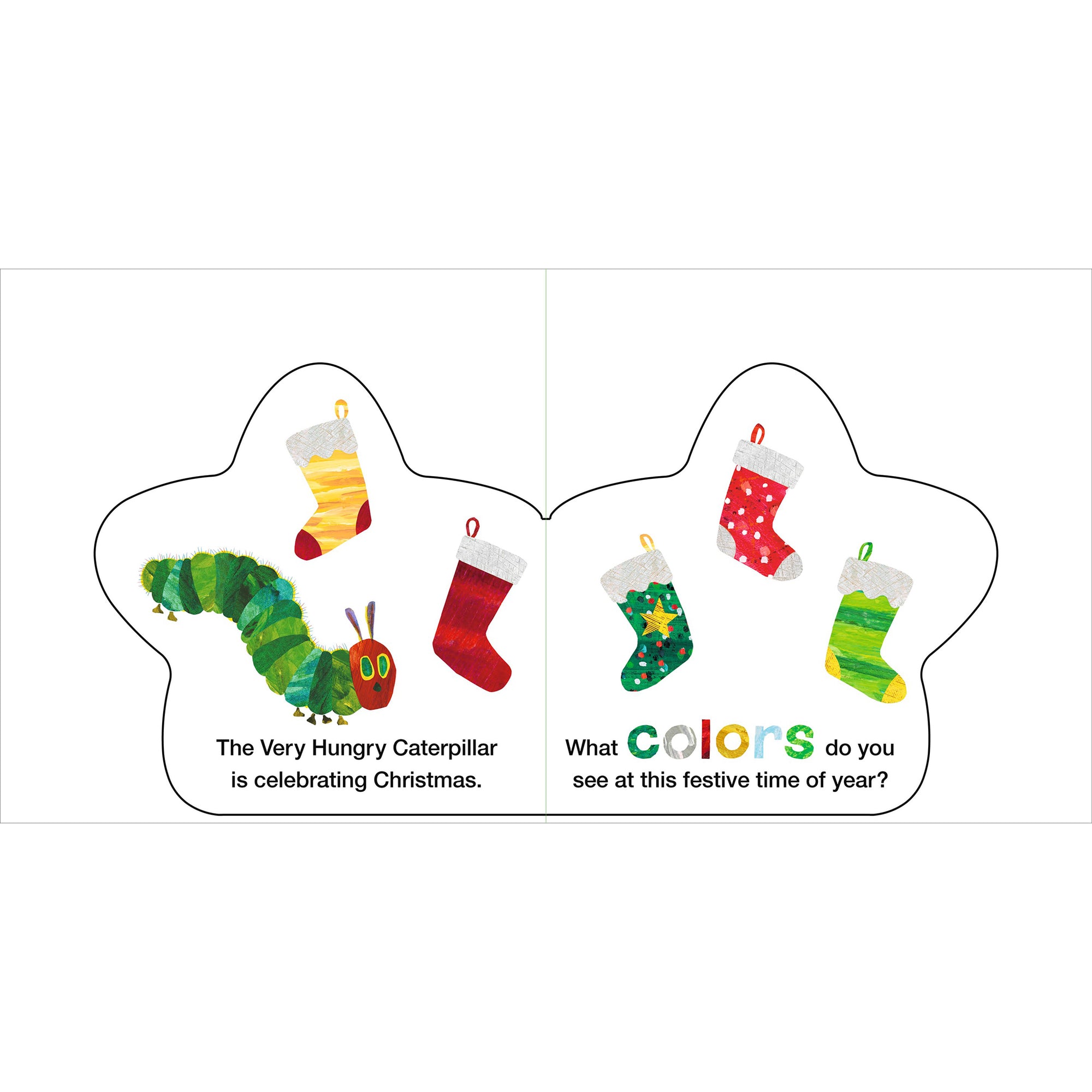 Book cover of 'The Very Hungry Caterpillar's Christmas Colors' with festive design and tree illustration.