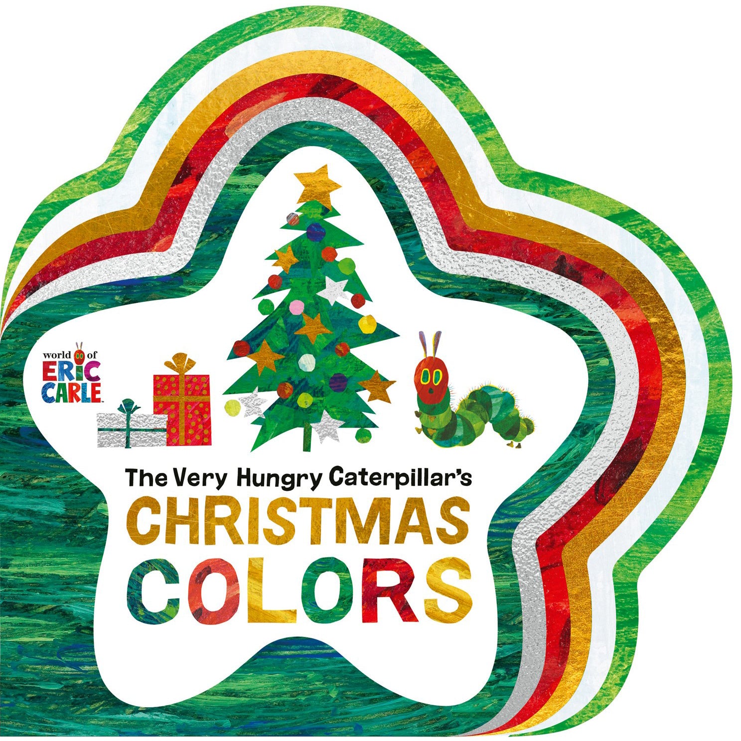 Book cover of 'The Very Hungry Caterpillar's Christmas Colors' with festive design and tree illustration.