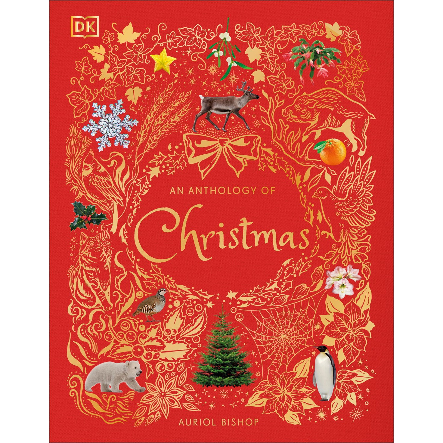 Book cover of 'An Anthology of Christmas' with decorative elements on a red background
