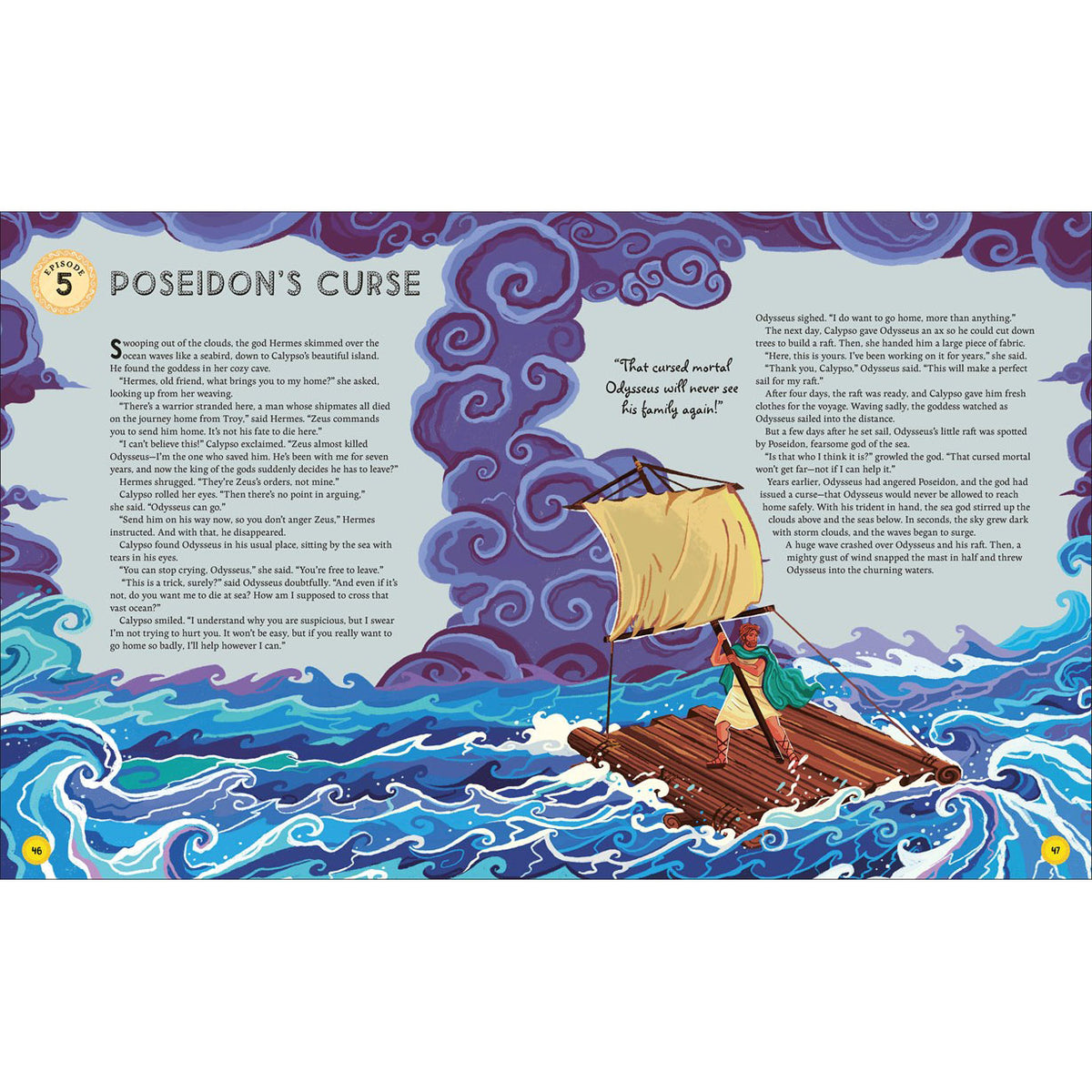 Illustrated book page with a ship on choppy waters and text about Poseidon's Curse.