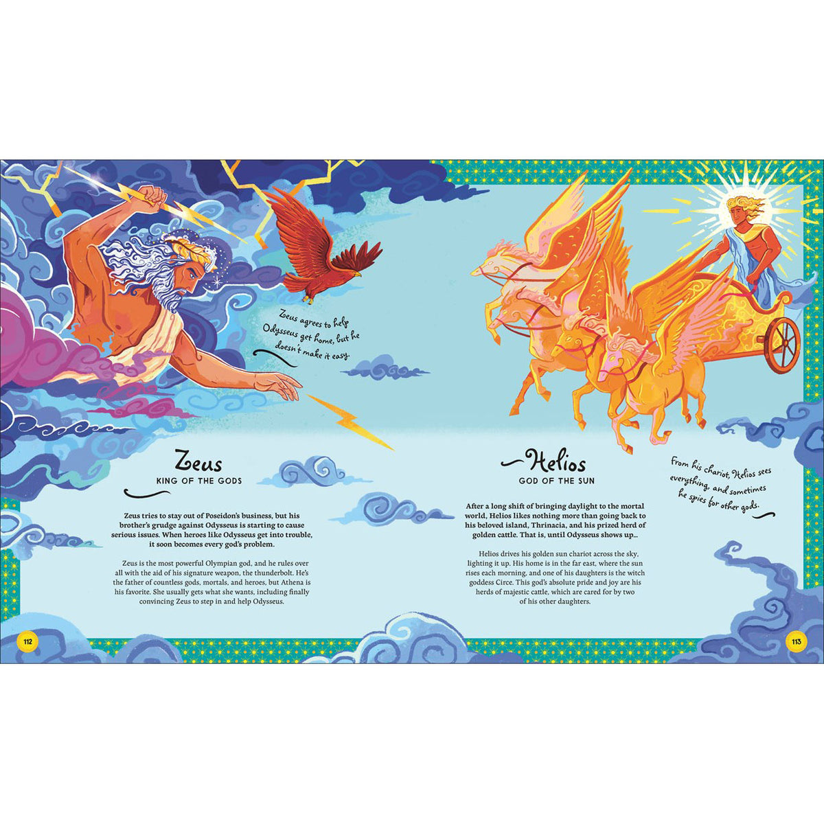 Illustration of Zeus and Helios from a children's book, featuring colorful depictions of these Greek gods with descriptive text.