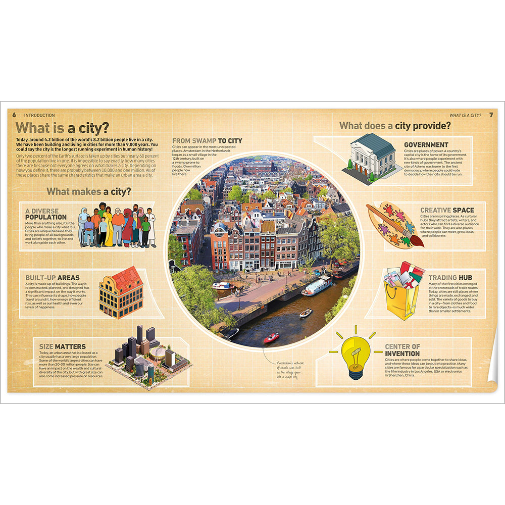 Book cover of 'The Story of the City' by Leo Hollis, published by DK. The cover features a stylized blue cityscape with gold foil-like text and architectural silhouettes.