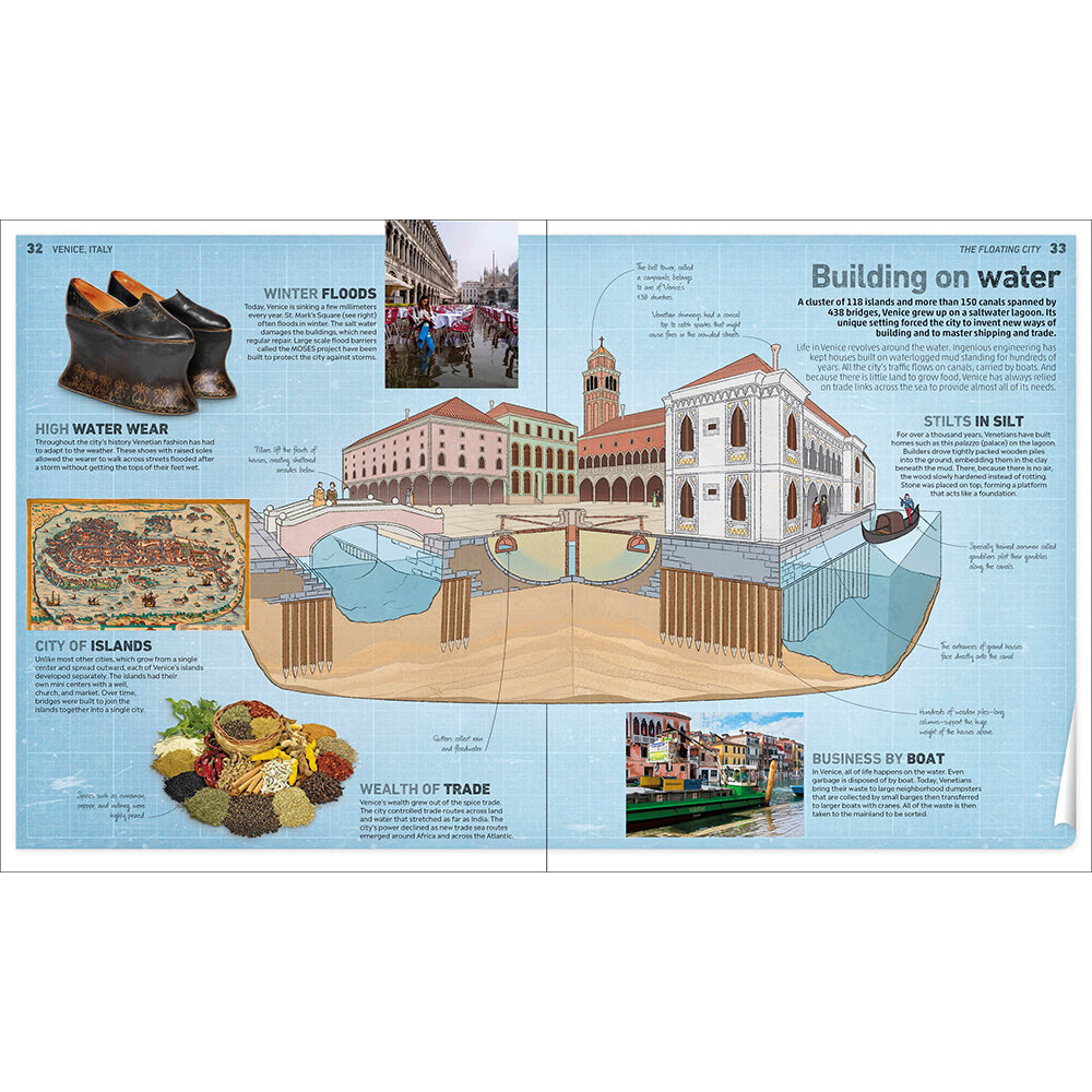 A two-page spread from a children's educational book about Venice, titled 'Building on water.' The pages feature a large central cross-section illustration of Venice's water system and architecture, surrounded by smaller inset photos and text panels on topics like winter floods, high water wear, the city of islands, wealth of trade, and business by boat.