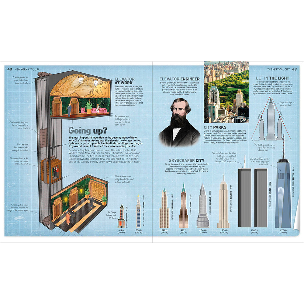 An open educational book spread about New York City, showing illustrated cross-sections of elevators, skyscrapers, city maps, and explanatory text on a light blue page background.