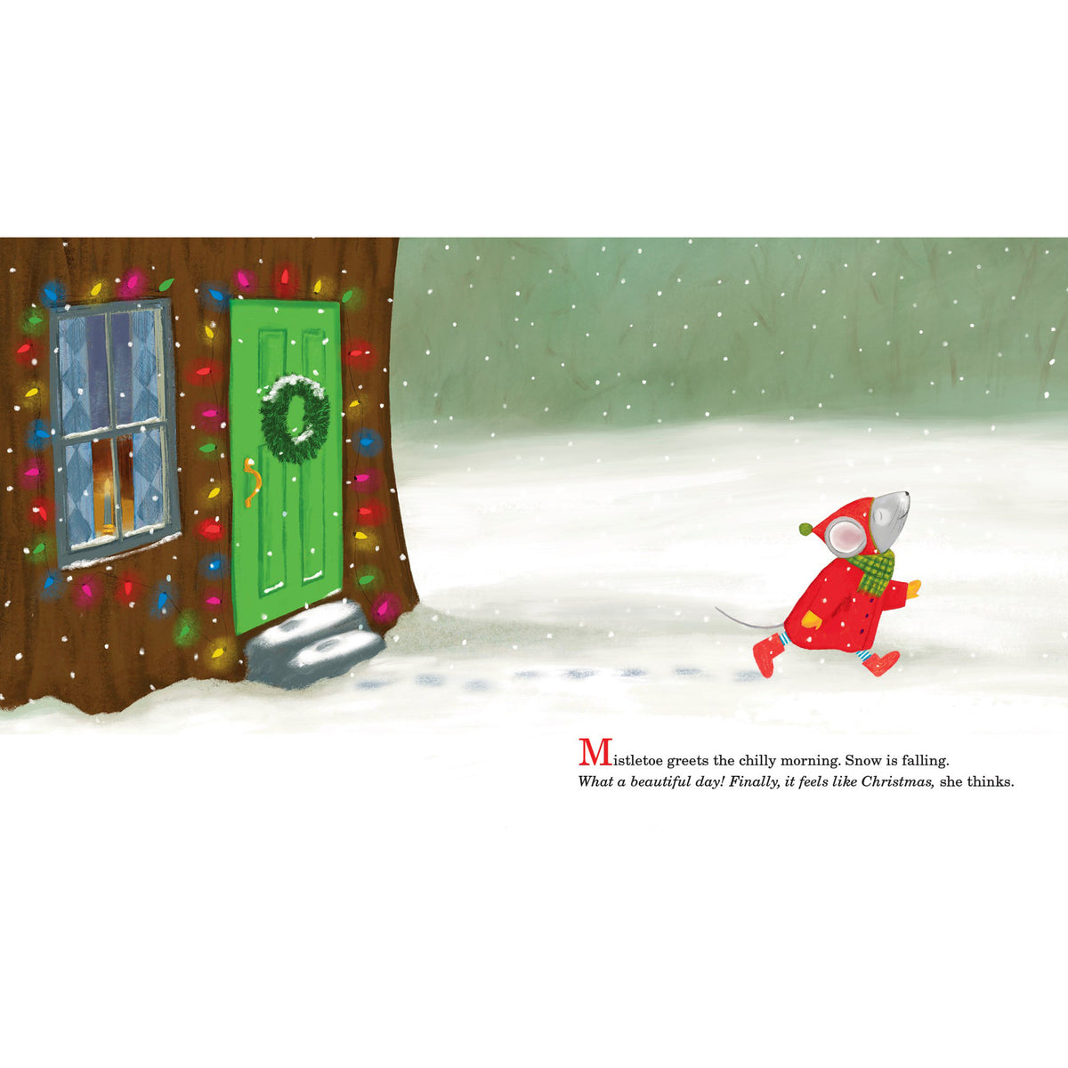 A children's book illustration showing a snowy outdoor scene with a decorated green front door on the left and a small mouse in red clothing walking on the snow to the right. Text appears at the bottom right.