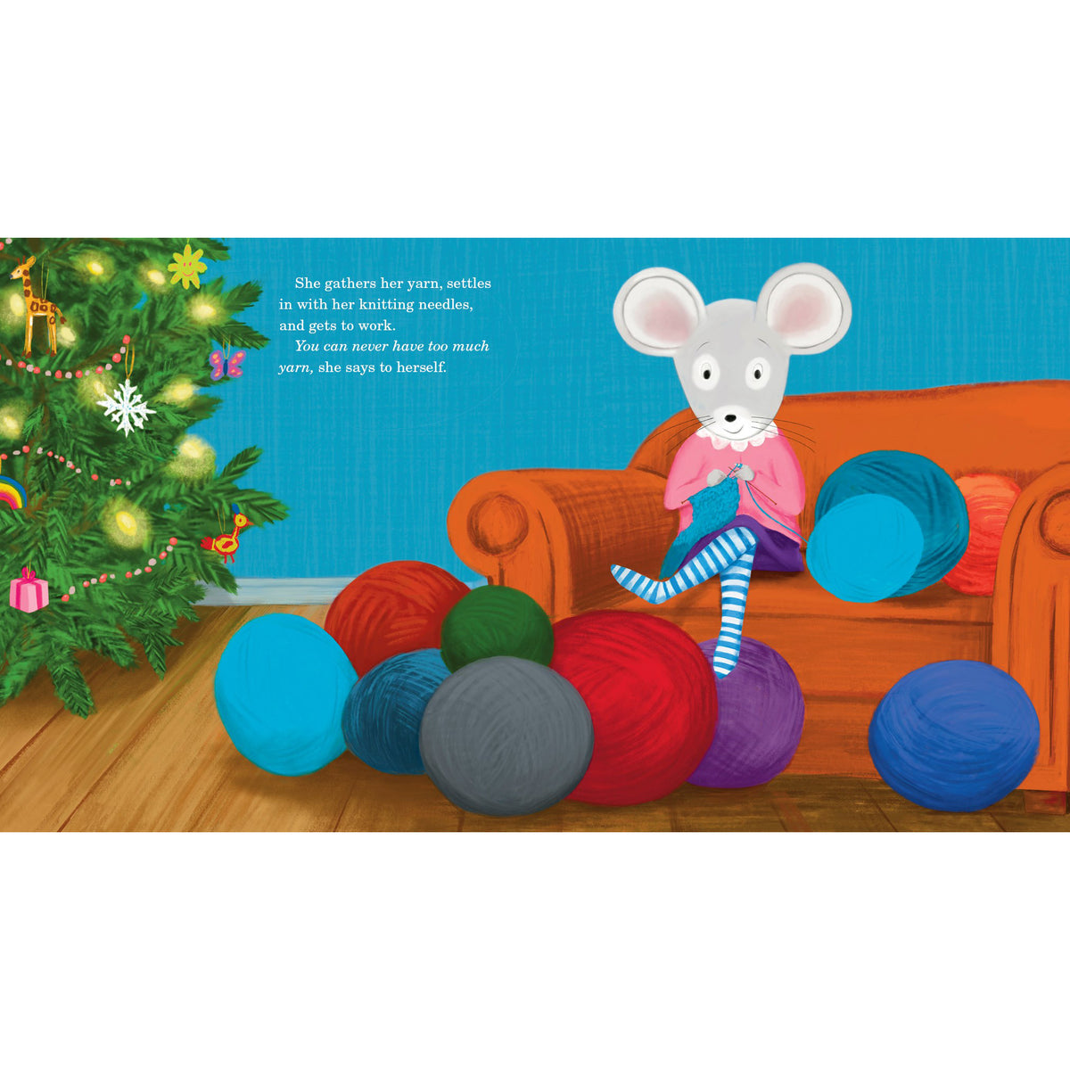 A children's book or illustrated cover scene showing a gray mouse sitting on an orange sofa and knitting, surrounded by large balls of colorful yarn. A decorated Christmas tree and blue wall are visible in the background, with printed text on the left side.