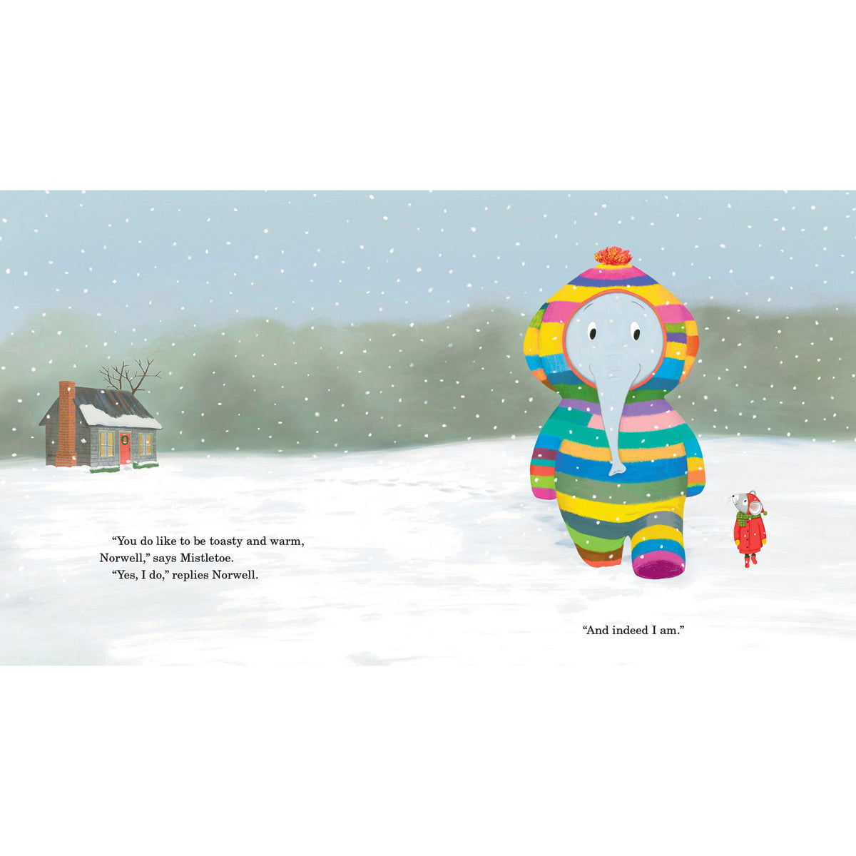 A children's book illustration showing a colorful striped elephant character walking through a snowy landscape, with a small house on the left and printed text on a white page.