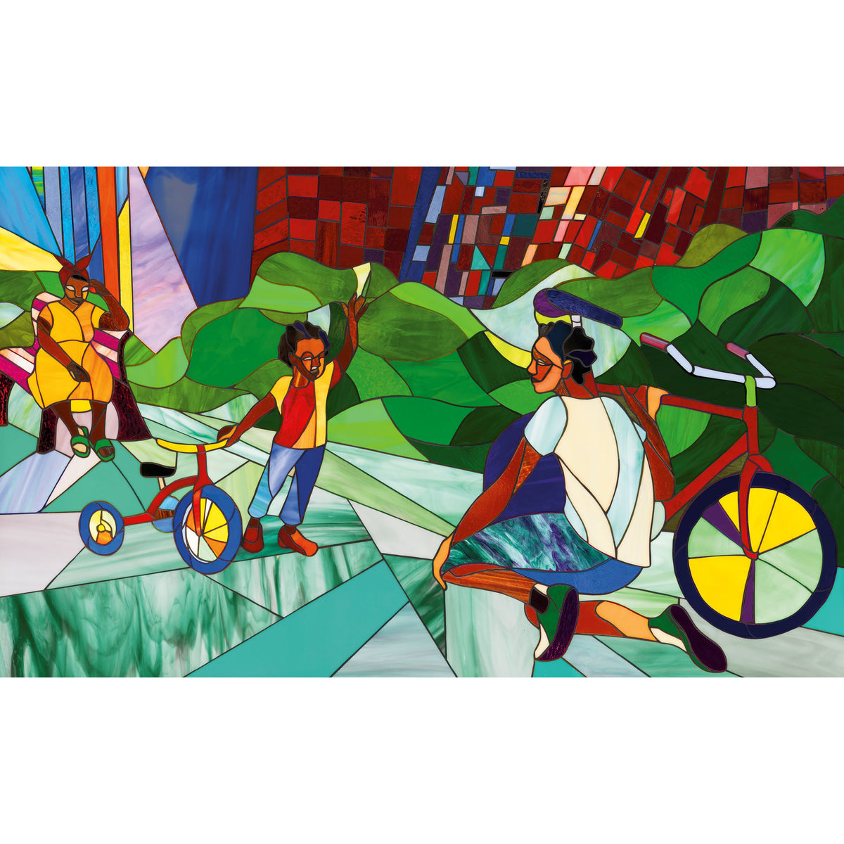People riding bikes in a stained glass style art