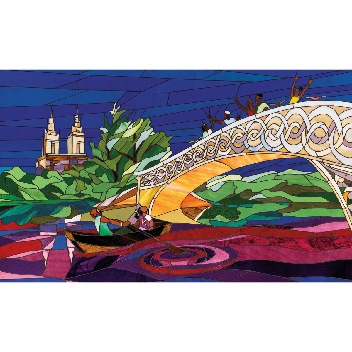 People waving at a boat over a bridge in a stained glass style art 