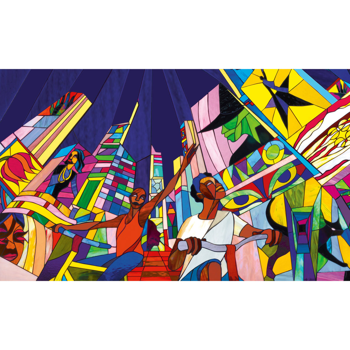 People riding bikes in a stained glass style art