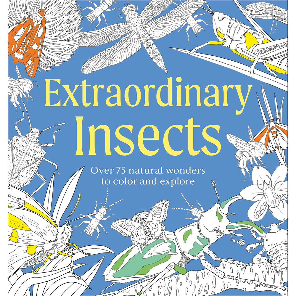 Coloring book cover titled 'Extraordinary Insects' with illustrations of various insects on a blue background.
