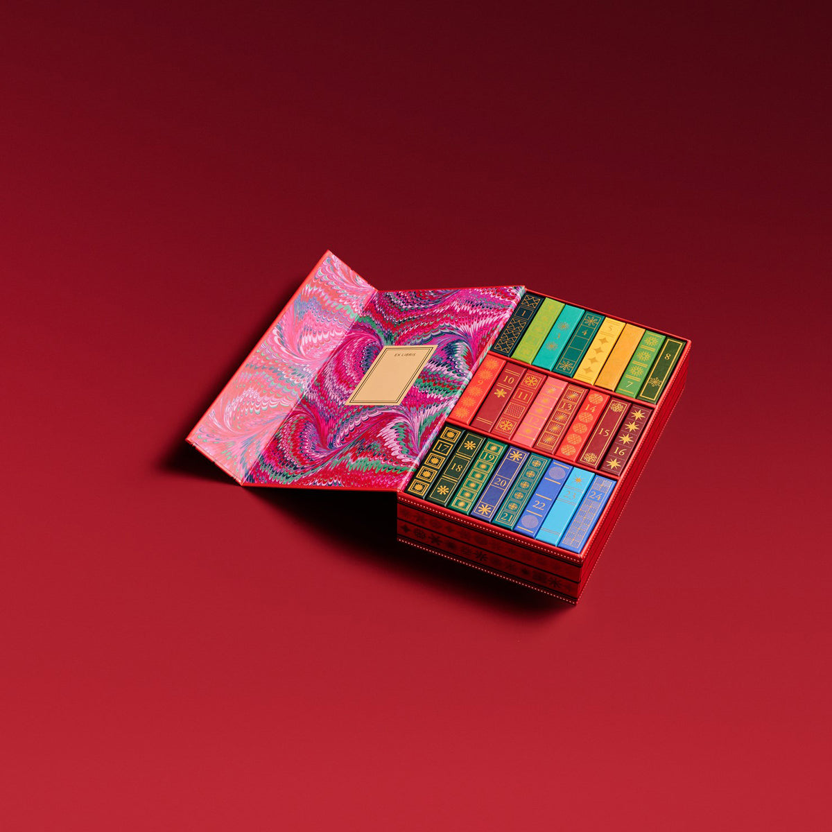 24 colorful advent calendar books in a red box
