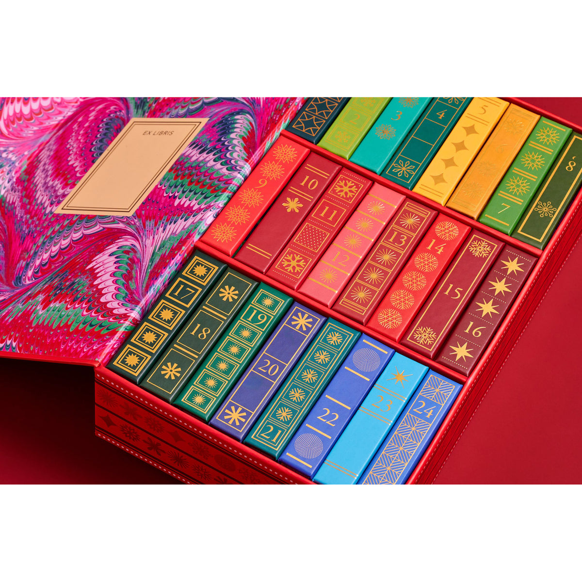 Interior view of 24 multicolored books for advent