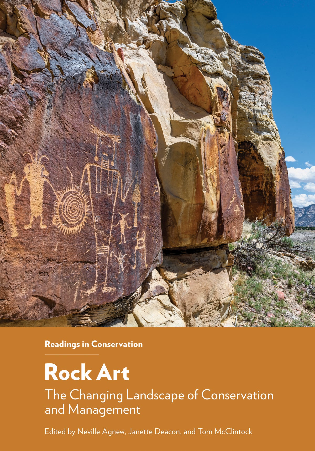 Book cover of 'Rock Art: The Changing Landscape of Conservation and Management' featuring an image of rock art on a cliff face with a clear blue sky.