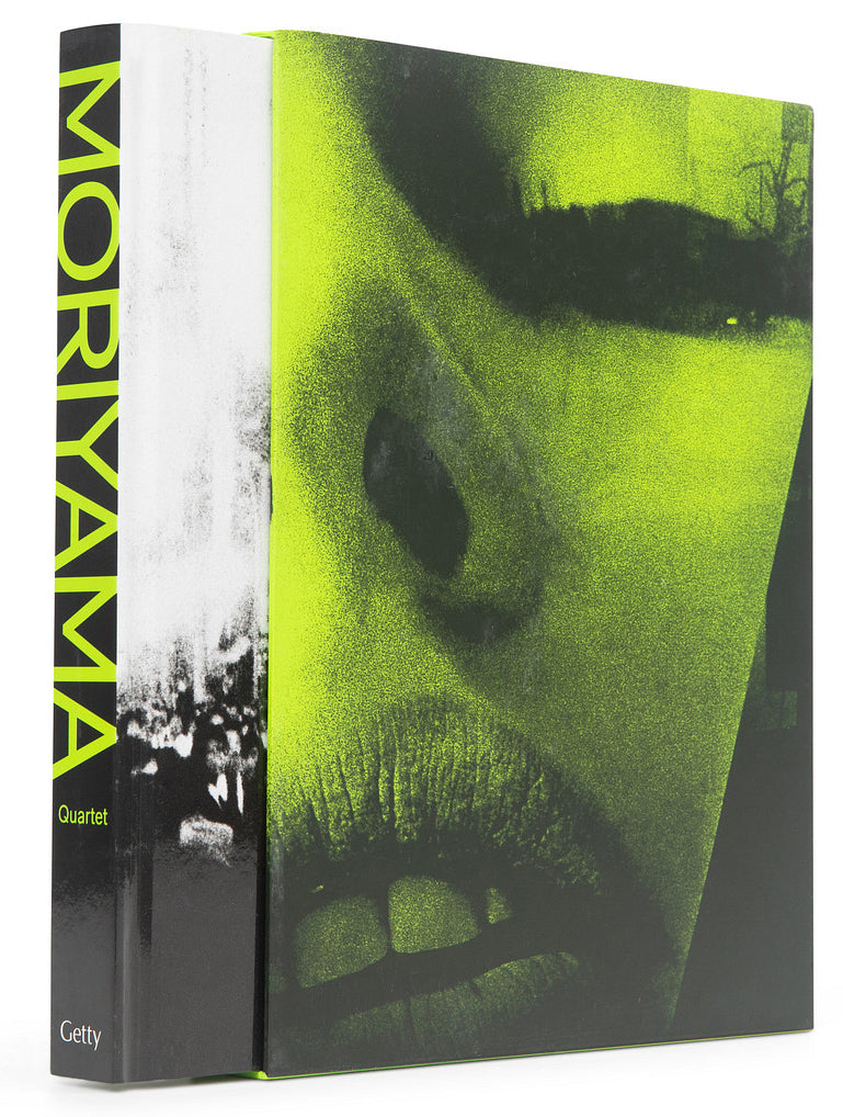 Book cover with a close-up of a person's face in green and black, featuring the text 'Moriyama' and 'Getty'.