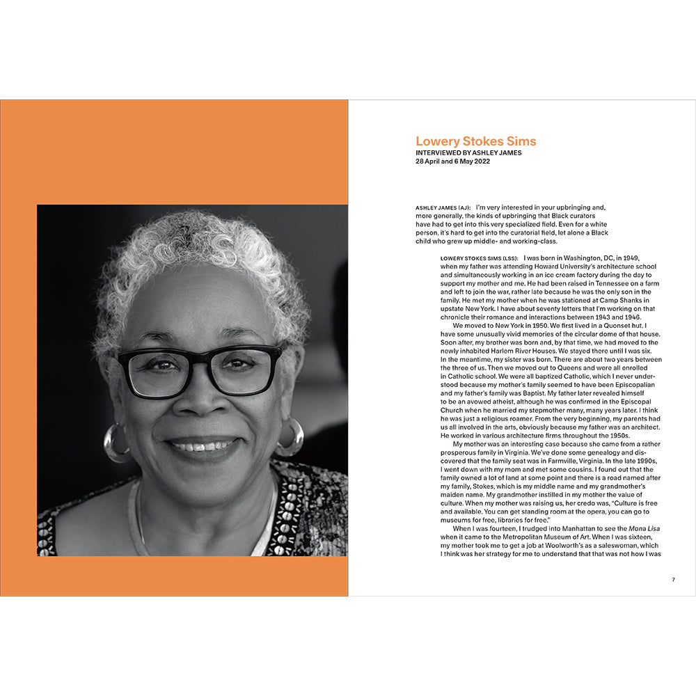Black and white portrait of a woman with glasses on an orange and white background next to biographical text.