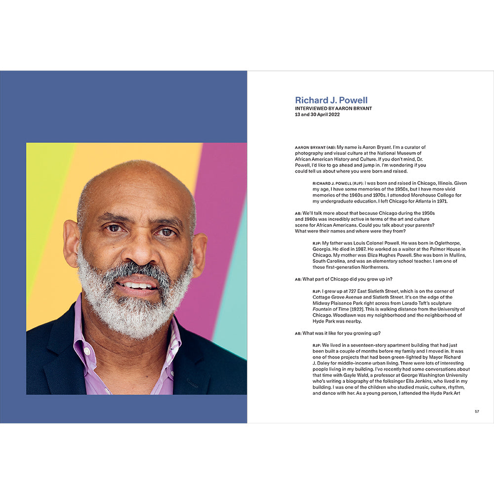 Photograph of a person with a colorful background and interview text on the right.