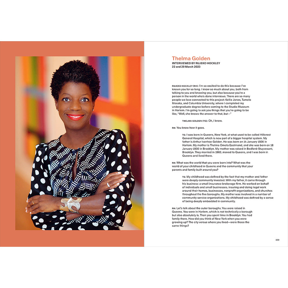 Woman in a patterned dress with interview style text.