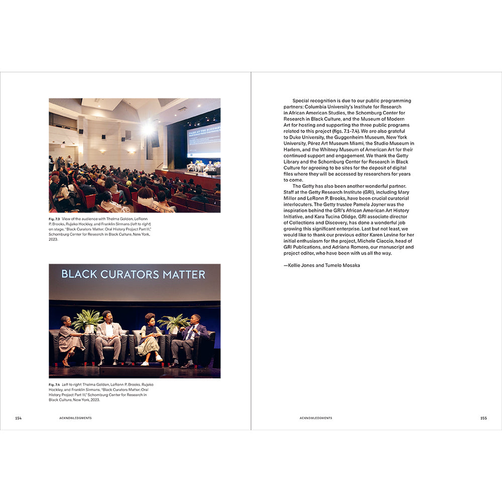 Page from a book featuring images of a lecture hall and a panel discussion with text on 'Black Curators Matter'.