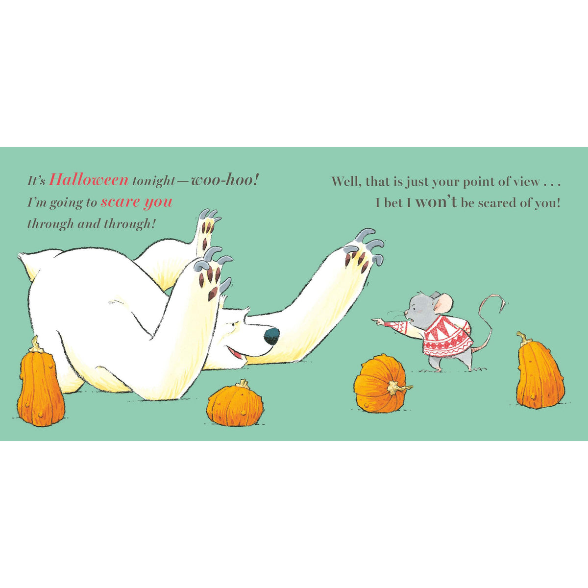 A mouse and a polar bear engaged in conversation against a teal background