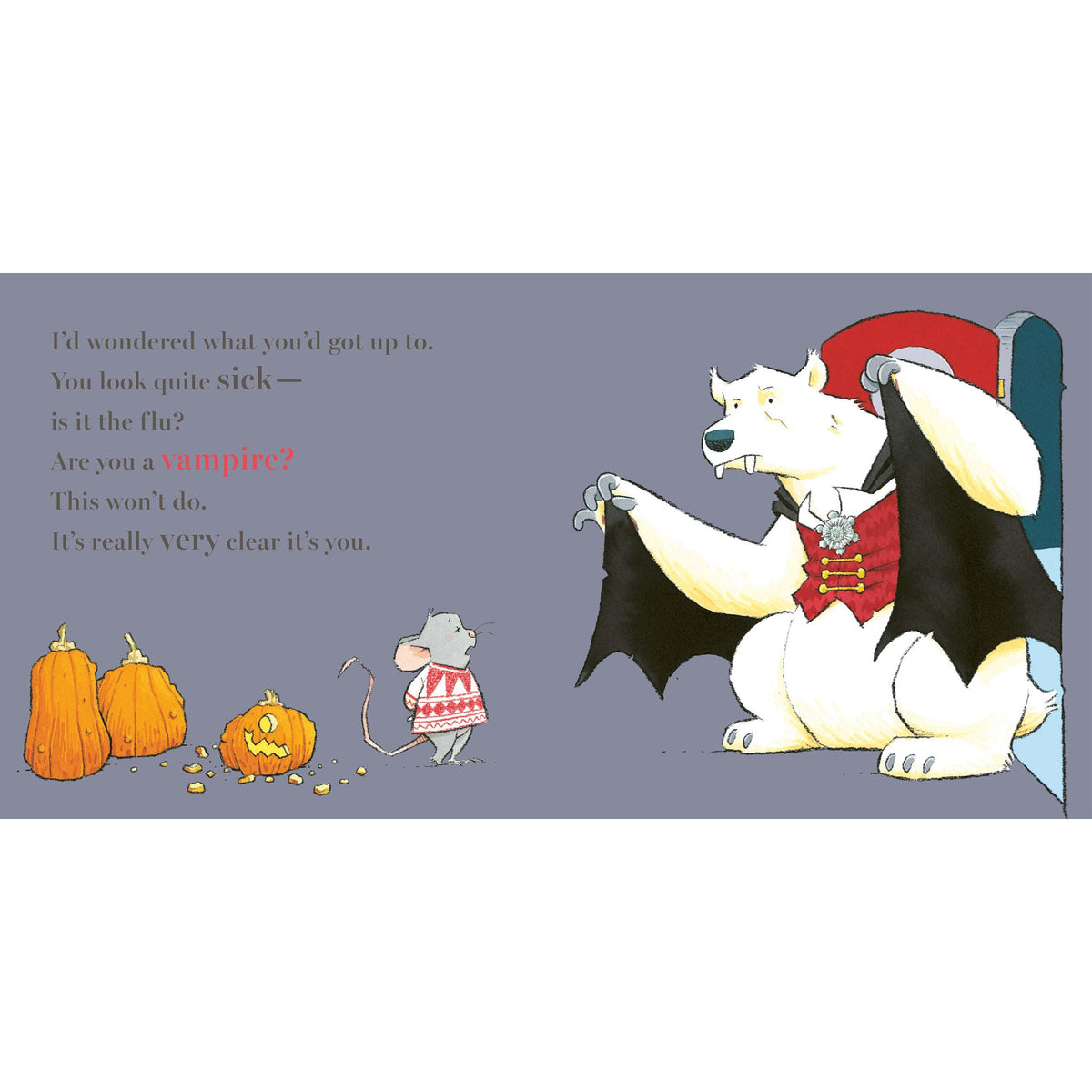 A polar bear dressed up as a vampire in front of a mouse on a purple background