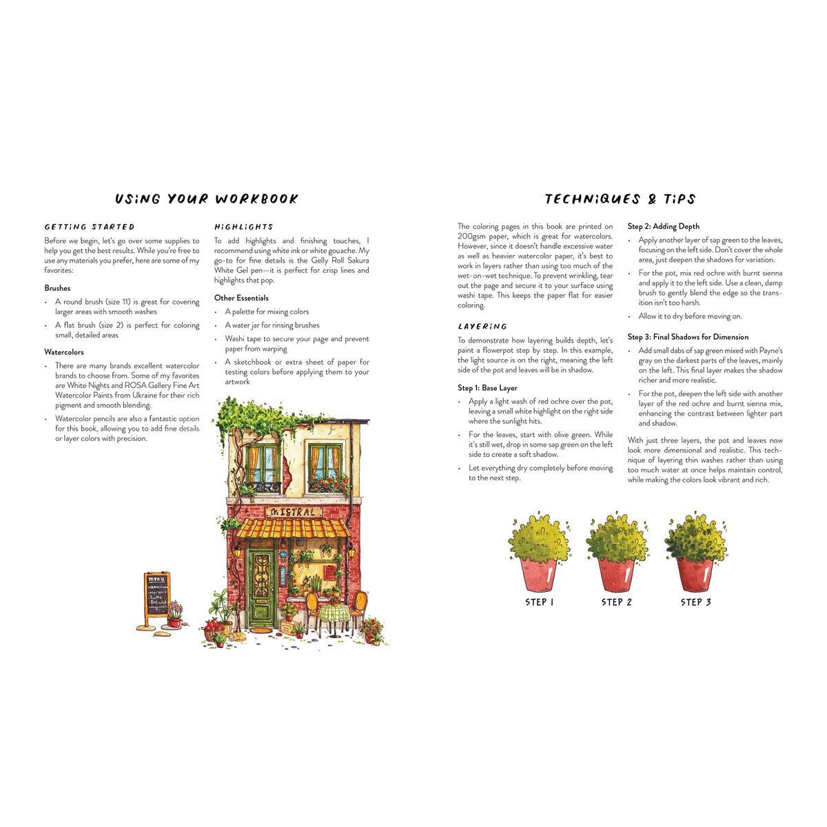 Page from a book or workbook with instructions and illustrations, including a restaurant illustration and step-by-step gardening diagram.