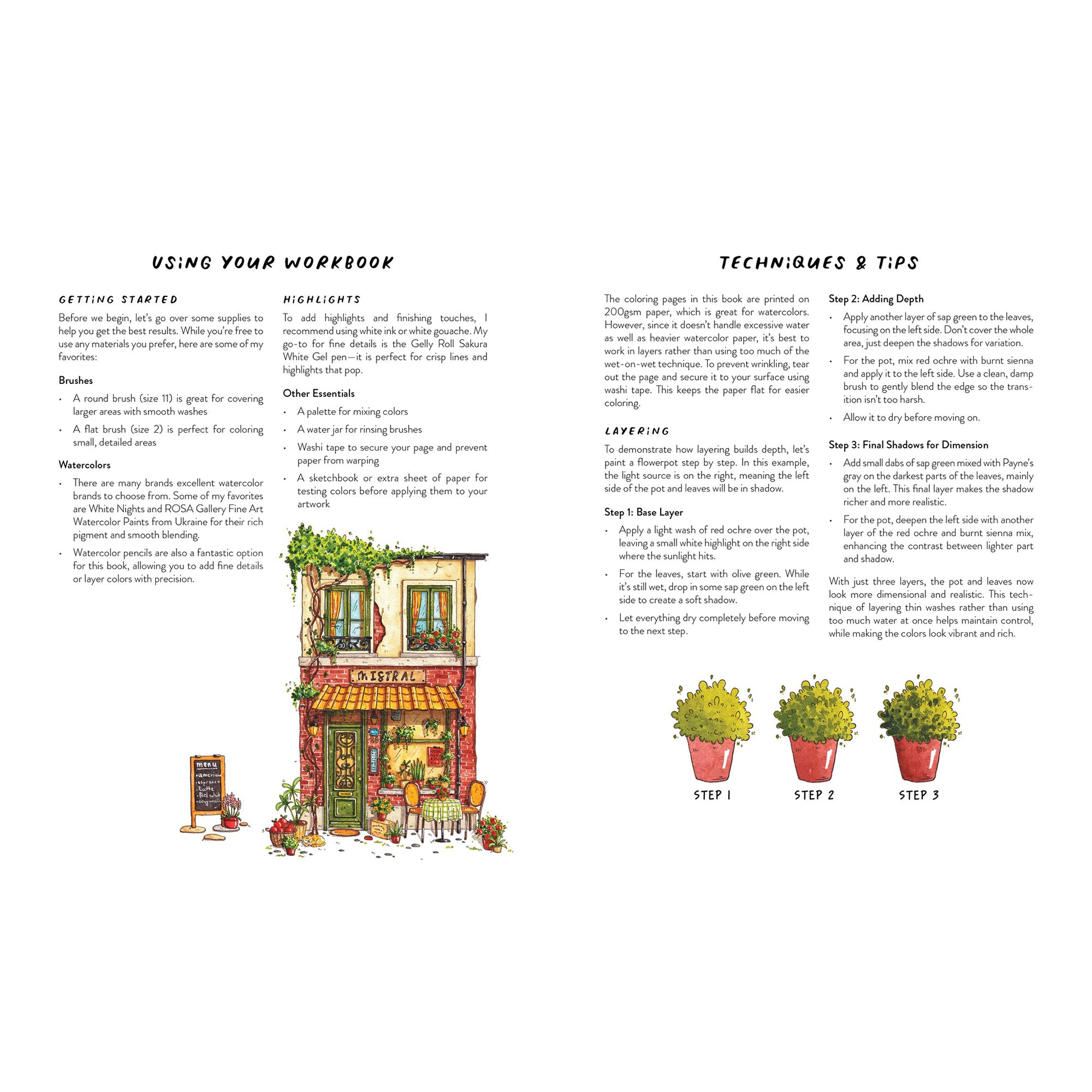 Book cover of 'Cozy Shops in Watercolor' with illustration of a bookshop and paintbrushes.