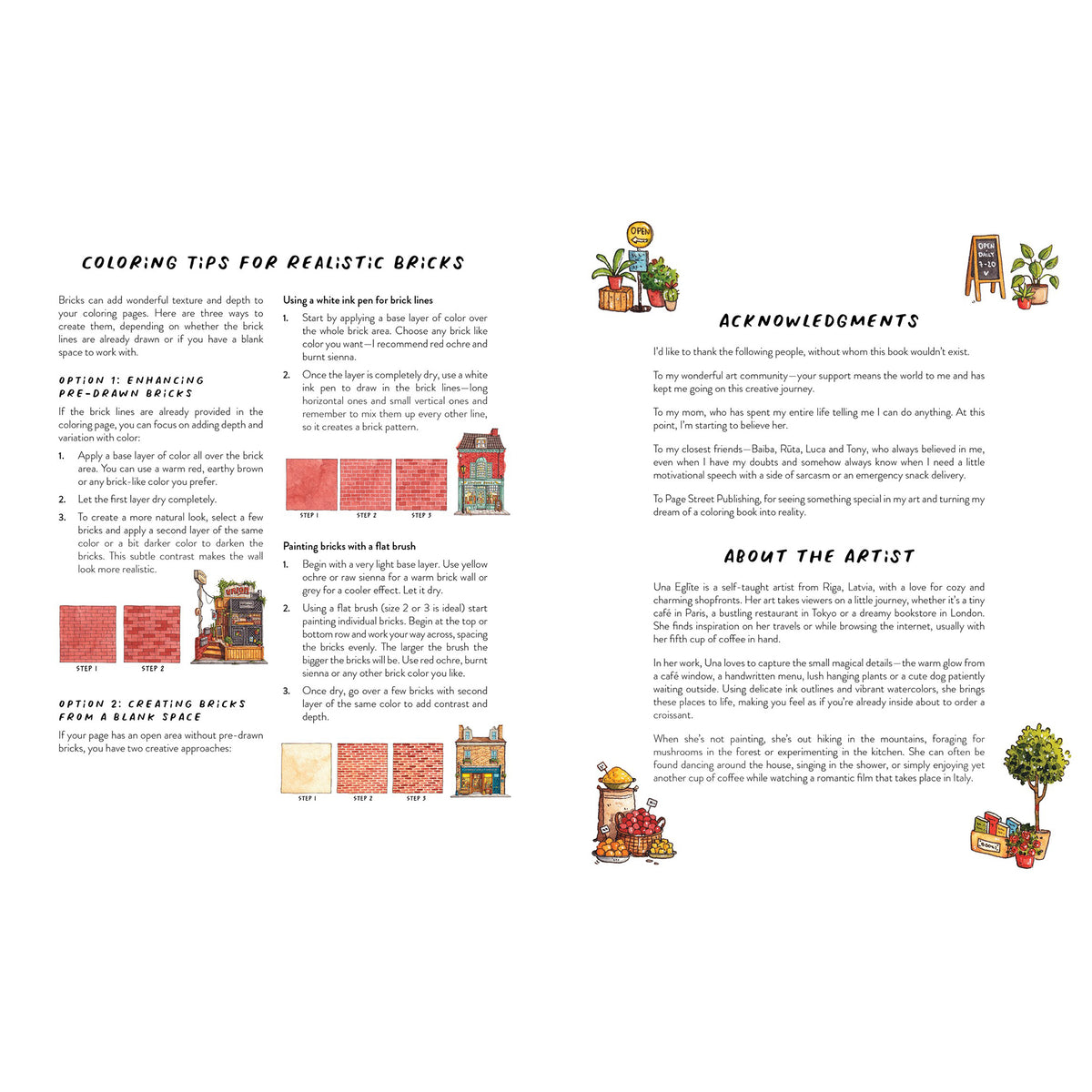 Page from a book with coloring tips for realistic bricks and acknowledgments section.